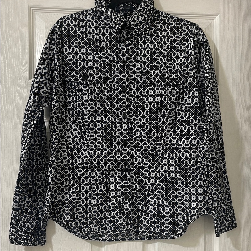 Anne Klein Dark Blue and White Geometric Blouse